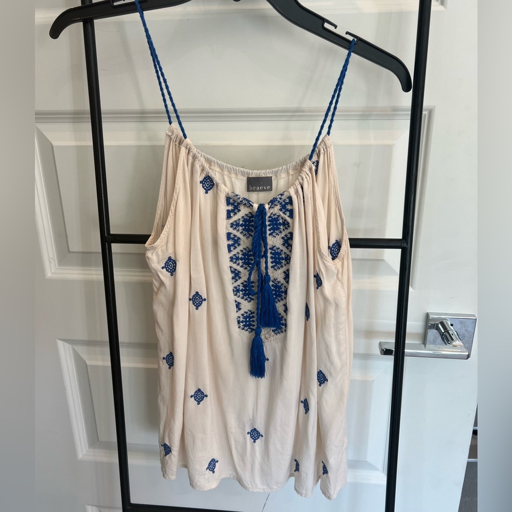 Braeve - blue and white bohemian tie front tank top - Size S